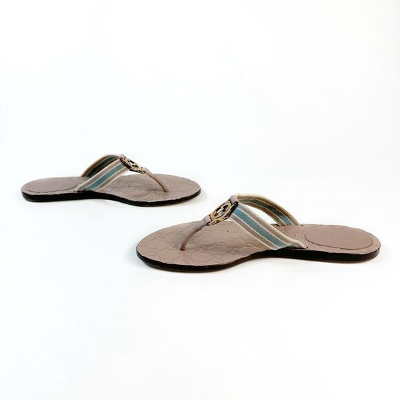 GUCCI Nude Web Stripe GG Sandal 37.5 Flat Flip Flop Leather Guccissima Embossed - Picture 9 of 13